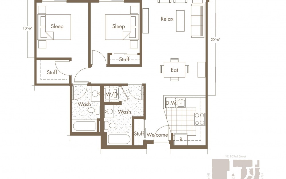 S1 - Studio floorplan layout with 1 bath and 532 square feet.